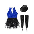 thumbnail image 4 of TSSOE Girls Shiny Sparkle Latin Salsa Ballet Fringe Tassel Jazz Dance Lyrical Dress Dancewear with Gloves Hat Set Blue&Black 16, 4 of 5