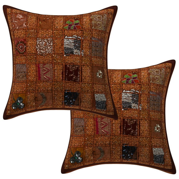 Stylo Culture Ethnic Sofa Throw Pillow Covers 16x16 Patchwork Embroidered Brown Sequins 40 x 40 cm Home Decor Cotton Geometric Square Cushion Covers | Set Of 2