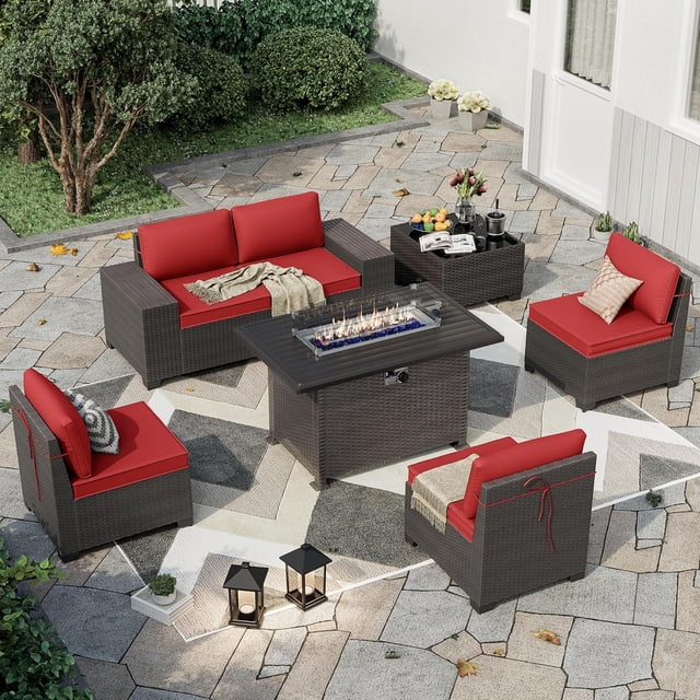 Kullavik Ensemble de Canapé Sectionnel pour Patio 7 Pcs, Ensemble de Conversation en Rotin PE pour Patio avec Table à Foyer au Gaz de 43 Po, Mobilier d'Extérieur avec Foyer au Propane de 55 000 BTU, Rouge