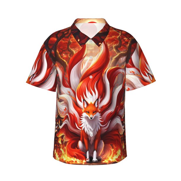 Balery Red Sun Flame Fox Camisas hawaianas de manga corta para hombre, camisas playeras de corte holgado, camisas de vacaciones con botones,Medium