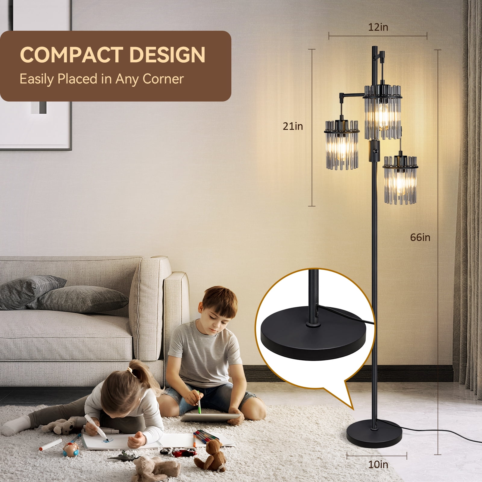 Industrial Modern Floor Lamps for Living Room, Dimmable Glass Tree Standing Tall Lamps with 3 Elegant Teardrop Cage Head & 800 Lumens LED Bulbs for Bedroom Office