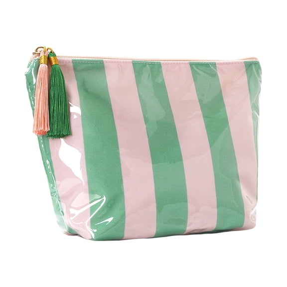 Waterproof Toiletry Bag, Striped PVC Tassel Cosmetic Pouch, Large Portable Travel Organizer For Makeup Brushes(7.7"*10.2",Green)