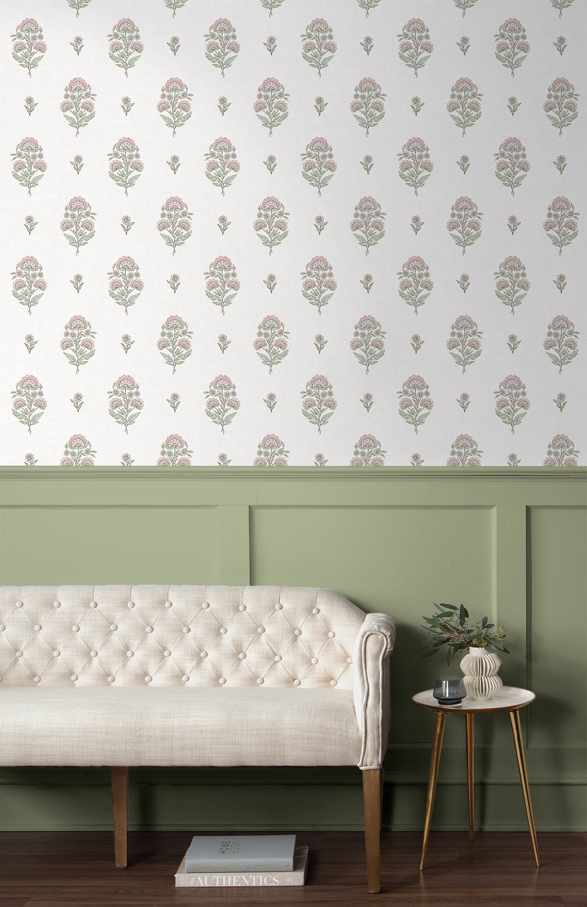 NextWall Blush & Basil Floral Spot Premium Matte Non-Woven Peel and Stick Wallpaper - 20.5 in. W x 18 ft. L Roll