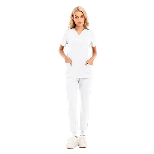 Hauts+pantalons à Manches Courtes Col en V pour Femmes Uniforme de Travail Infirmier avec Poche