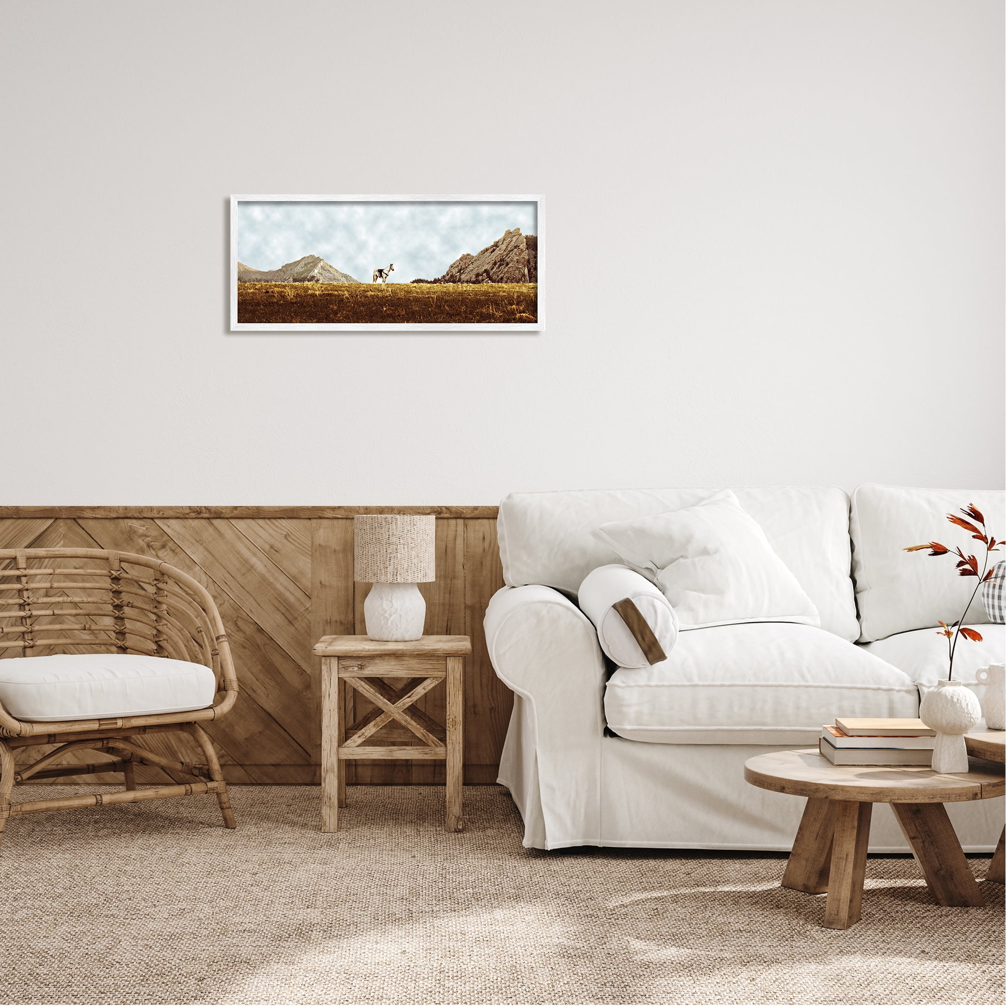 Stupell Industries Horse Between Desert Peaks Landscape Painting White Framed Art Print Wall Art, 30 x 13
