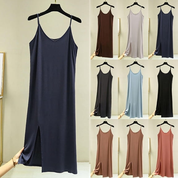 Oksale Modal Slip Dress for Women Soft Breathable Side Split Midi Nightgowns Spaghetti Straps Loose Cozy Lightweight Sleepwear Navy M