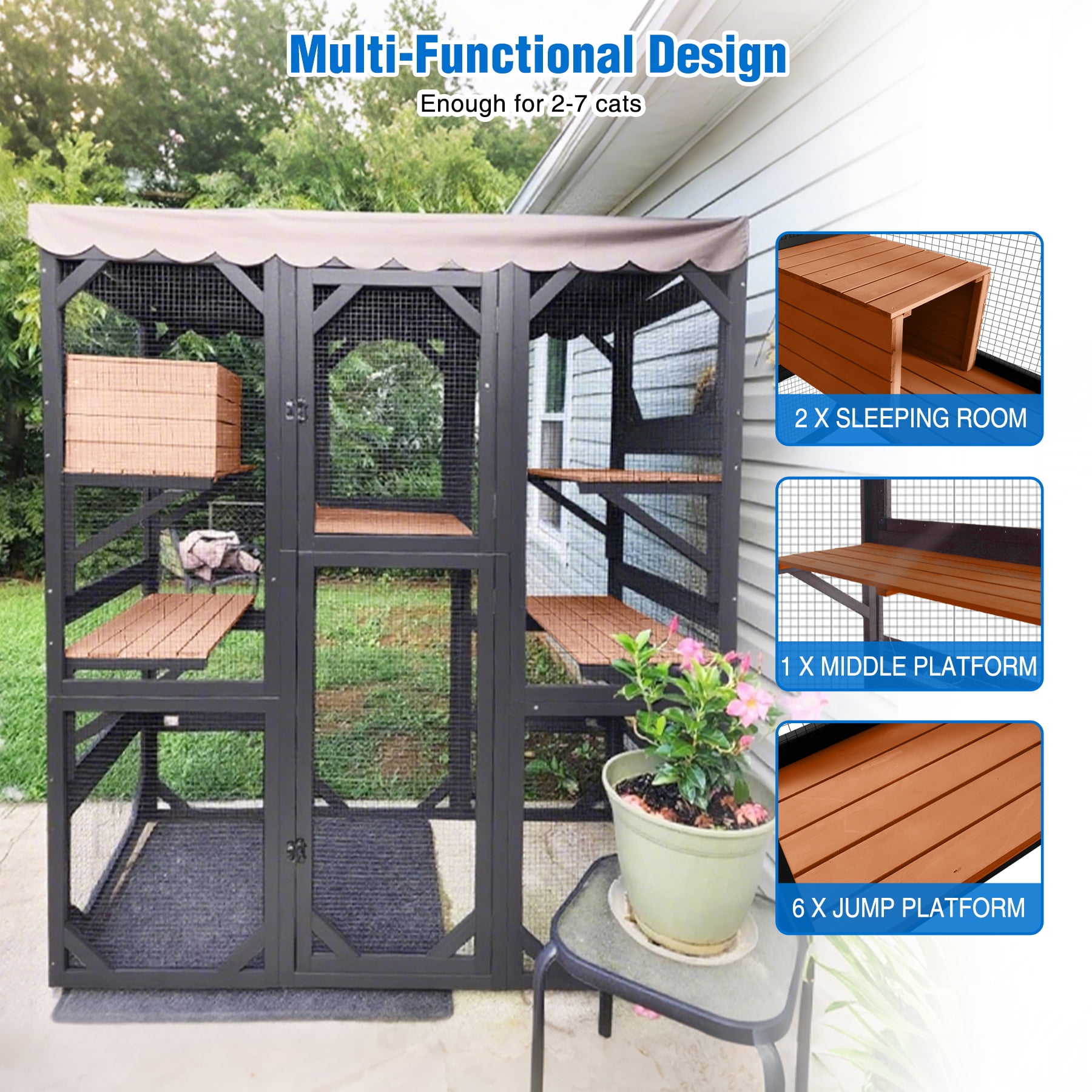 Suumerpety Catio Outdoor Cat Enclosure 70" Large Wooden Cat House with Weatherproof Roof & 7 Platforms & 2 Condons Window Catio for Indoors and Outdoors Black