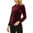 thumbnail image 4 of INSPIRE CHIC Women's Point Collar Long Sleeve Button Velvet Shirt Wine Red XS, 4 of 5