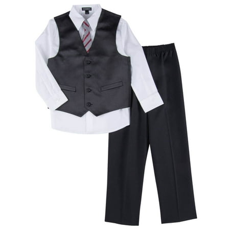 Boys 4 Piece Suit Black Pin Stripe Dress Up Outfit Holiday Shirt Pants Vest Tie