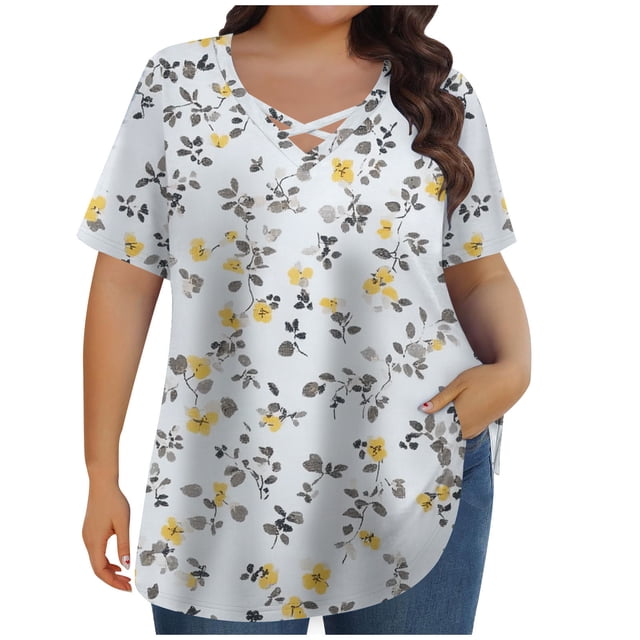 Womens Fashion Summer Printed Plus Size Short Sleeve V-Neck Blouses
