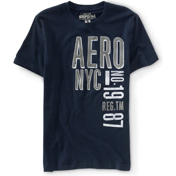 Aeropostale - Camiseta gráfica para hombre con letras de fieltro Aero Nyc, azul, mediana Aeropostale Camiseta gráfica