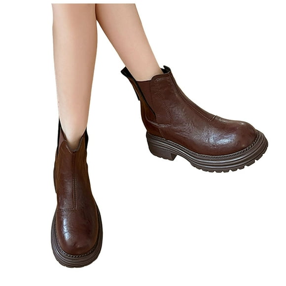 Platform Chelsea Combat Boots for Women 2025 Fashion Leather Chunky Slip on Riding Ankle Booties Brown