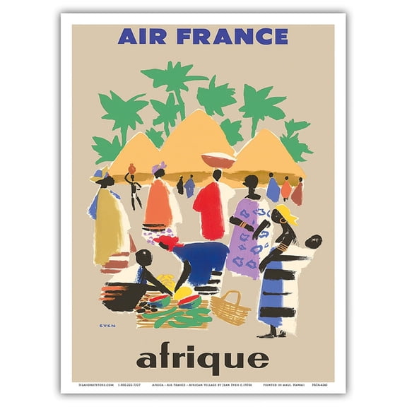 Afrique (Africa) - France - African Village - Vintage Airline Travel Poster by Jean Even c.1958 - Master Art Print (Unframed) 9in x 12in
