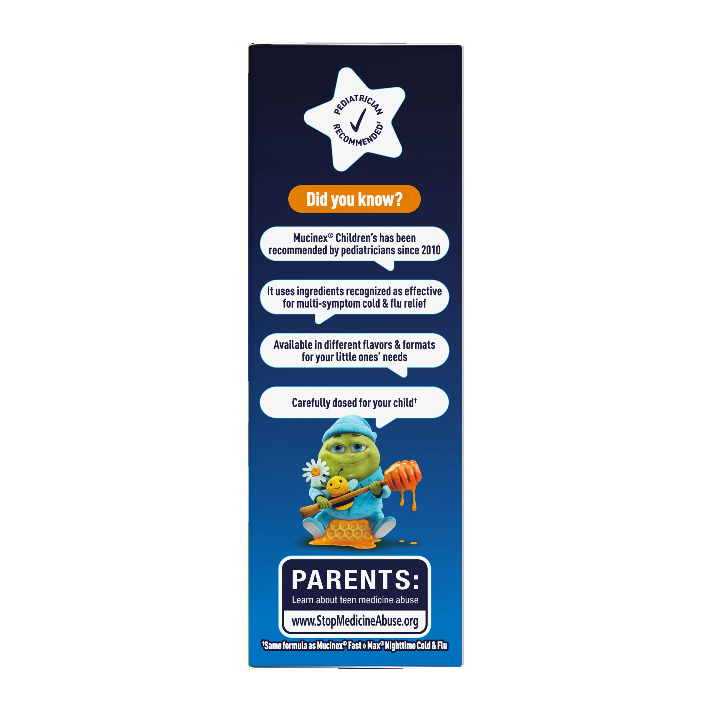 Mucinex,Children's Night Time, Multi-Symptom Cold and Flu Relief, Honey Flavor, 4fl oz, Plastic Bottle