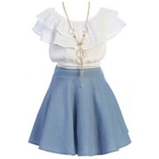 Big Girls' Off Shoulder Ruffle Crop Top Skirt Birthday Casual Clothing Set Outfit Denim 10 (J21KS30S)