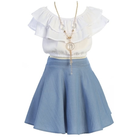 Big Girls' Off Shoulder Ruffle Crop Top Skirt Birthday Casual Clothing Set Outfit Denim 12 (J21KS30S)