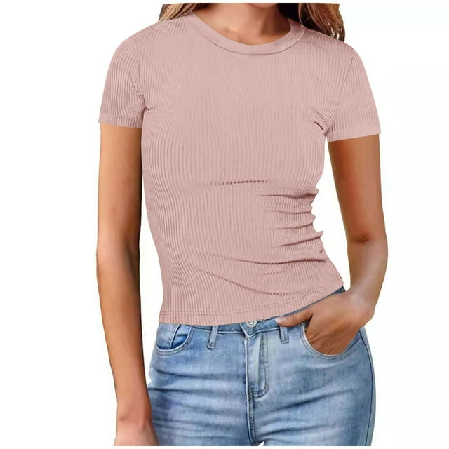 VSSSJ Women's Short Sleeve Tops Stretch Slim Fit Crew Neck Ribbed Knit Tee Basic Solid Color Breathable Summer Shirts Pink M