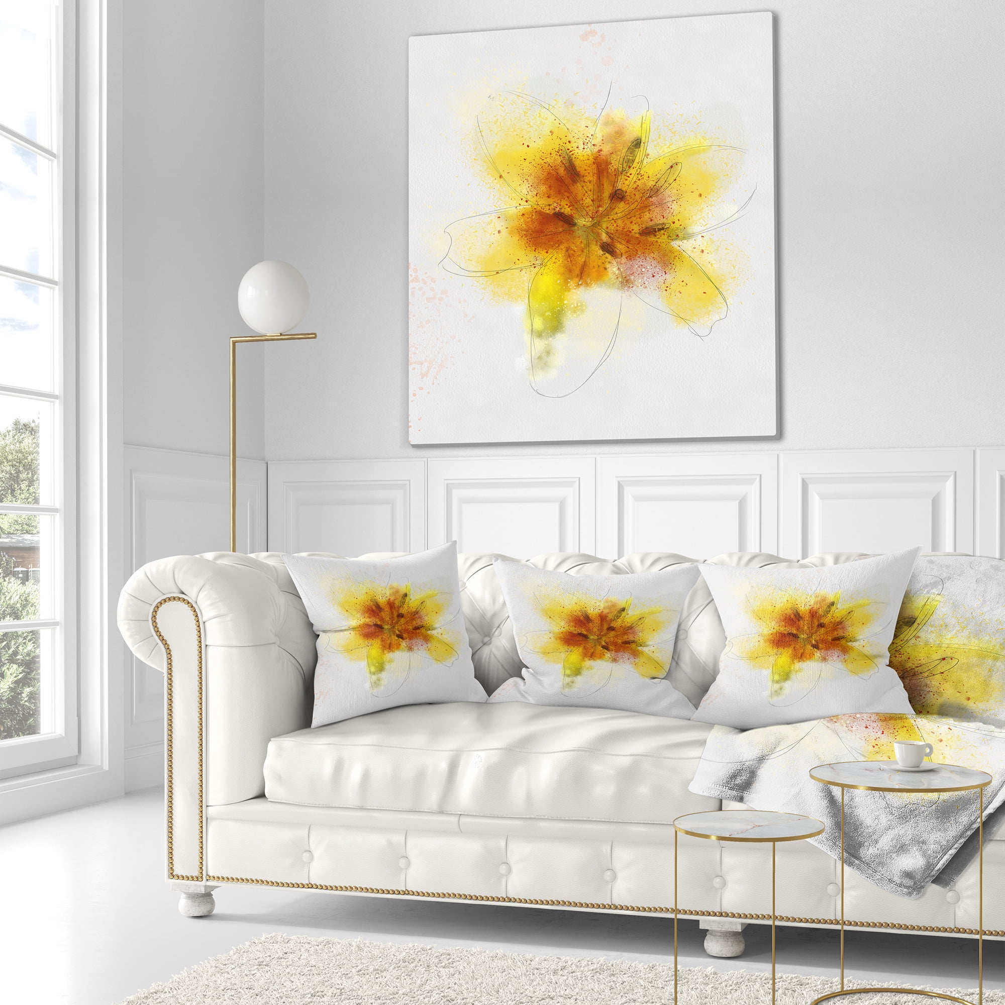 Designart Yellow Flower Sketch on White - Flower Throw Pillow - 18x18