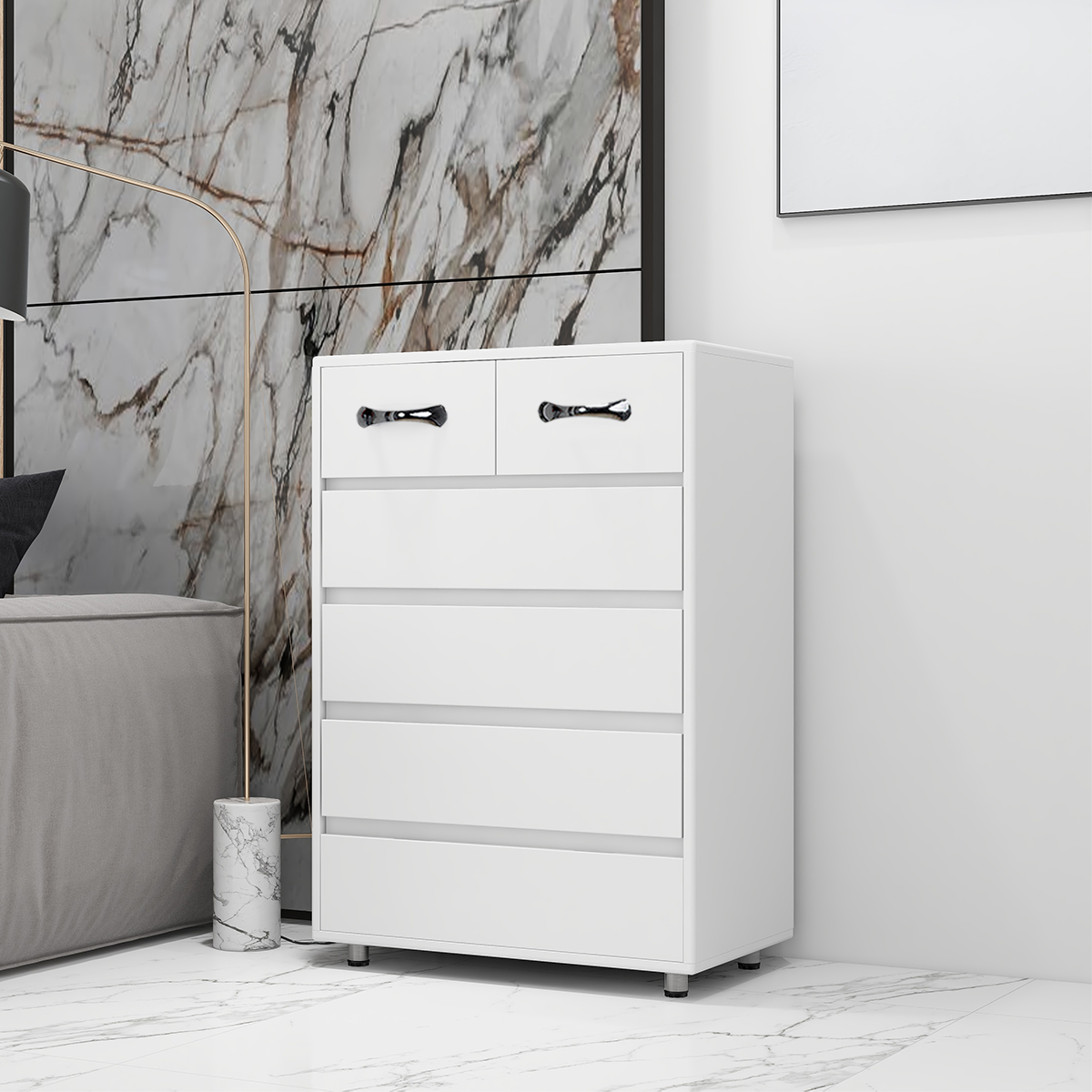 6 Drawer Dresser, URHOMEPRO Chest of Drawers Storage Organizer Nightstand, Wood Frame Drawer Chest with Steel Tube Legs, Bathroom Floor Cabinet, Living Room Office Bedroom Furniture, White, W12868 - image 3 of 10
