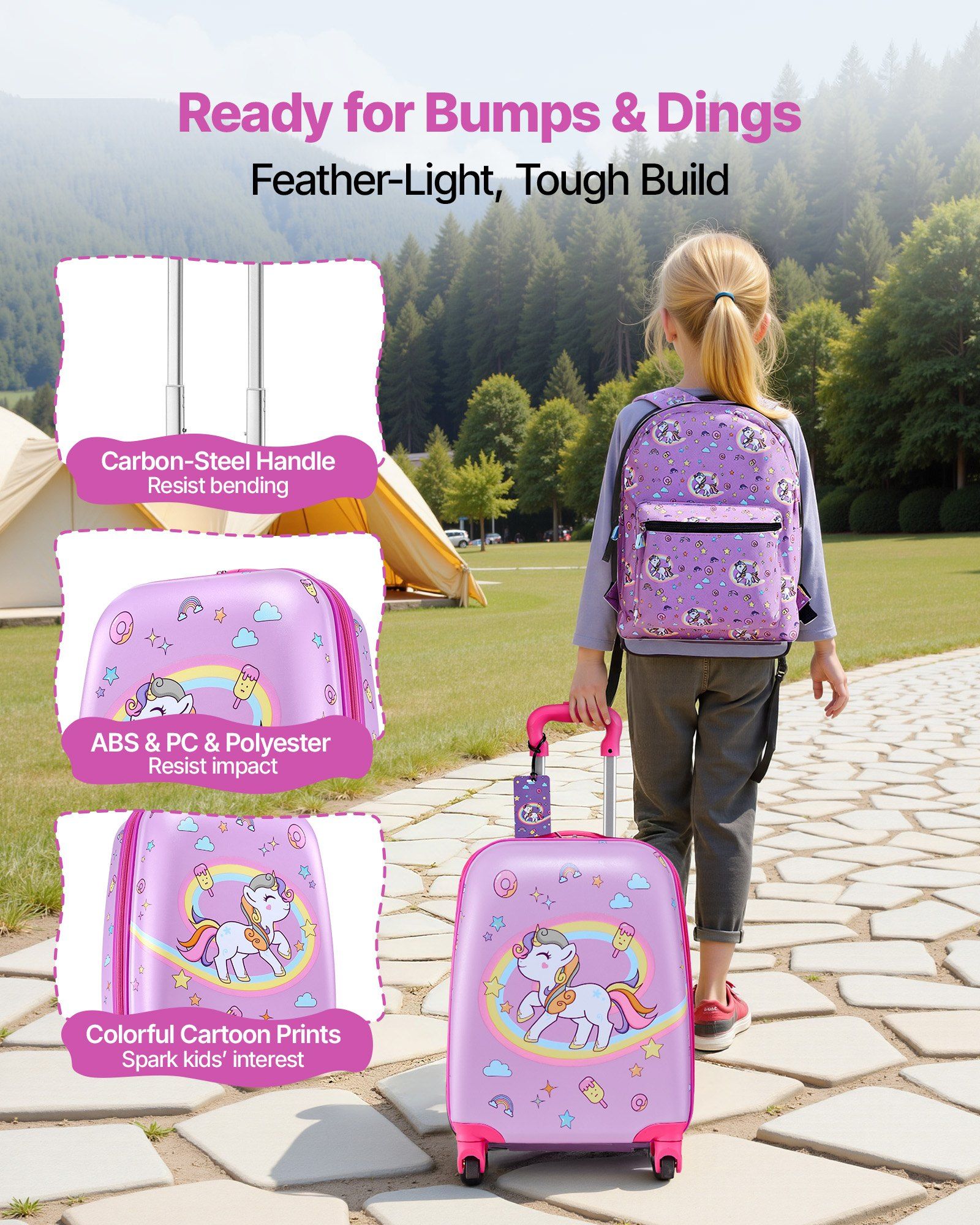 Unicorn Kids Luggage Set 5 Piece 18 Inch Hardside Rolling Suitcase Backpack U Shape Pillow Airline Approved Holiday Birthday Gift for Girls Boys
