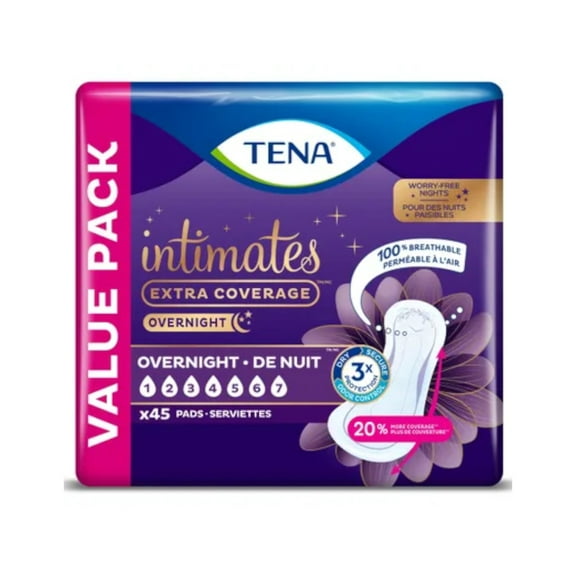 TENA Sensitive Care Worry-Free Nights Extra Coverage Pads, Overnight, 45 ct