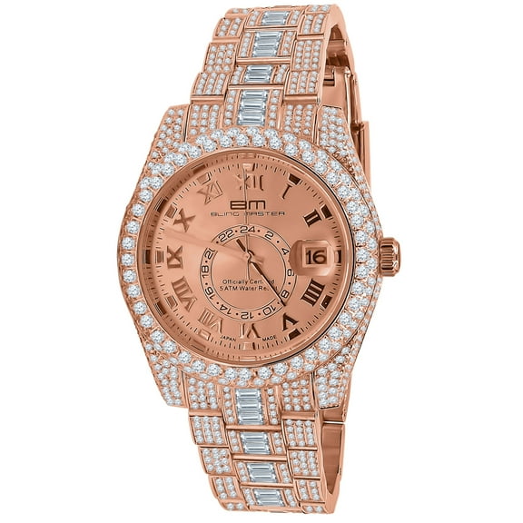 Men's Stainless Steel 18K Rose Gold Finish Simulated Diamond Watch 42mm W/Date knight