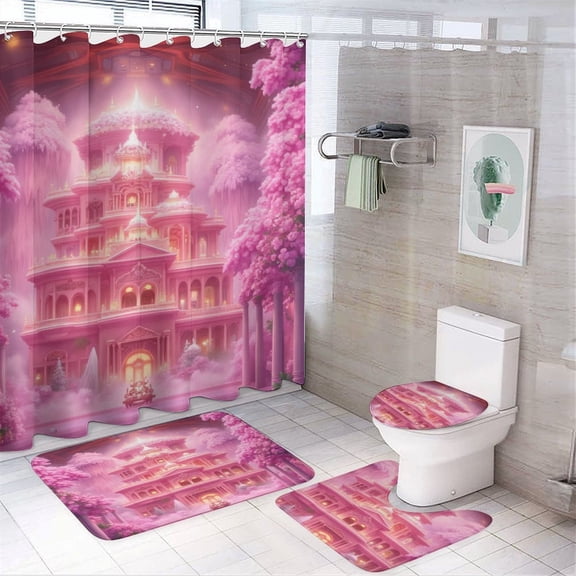 Pink Palace in Fantasy Forest Shower Curtain Sets Non-Slip Rugs Bath Mat Toilet Cover U Shaped Mat 4 Pcs