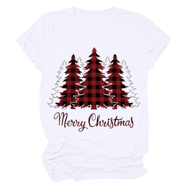 Haut de Sapin de Noël Femme Décontracté Col Rond Manches Courtes T-shirt Imprimé Sapin de Noël Haut
