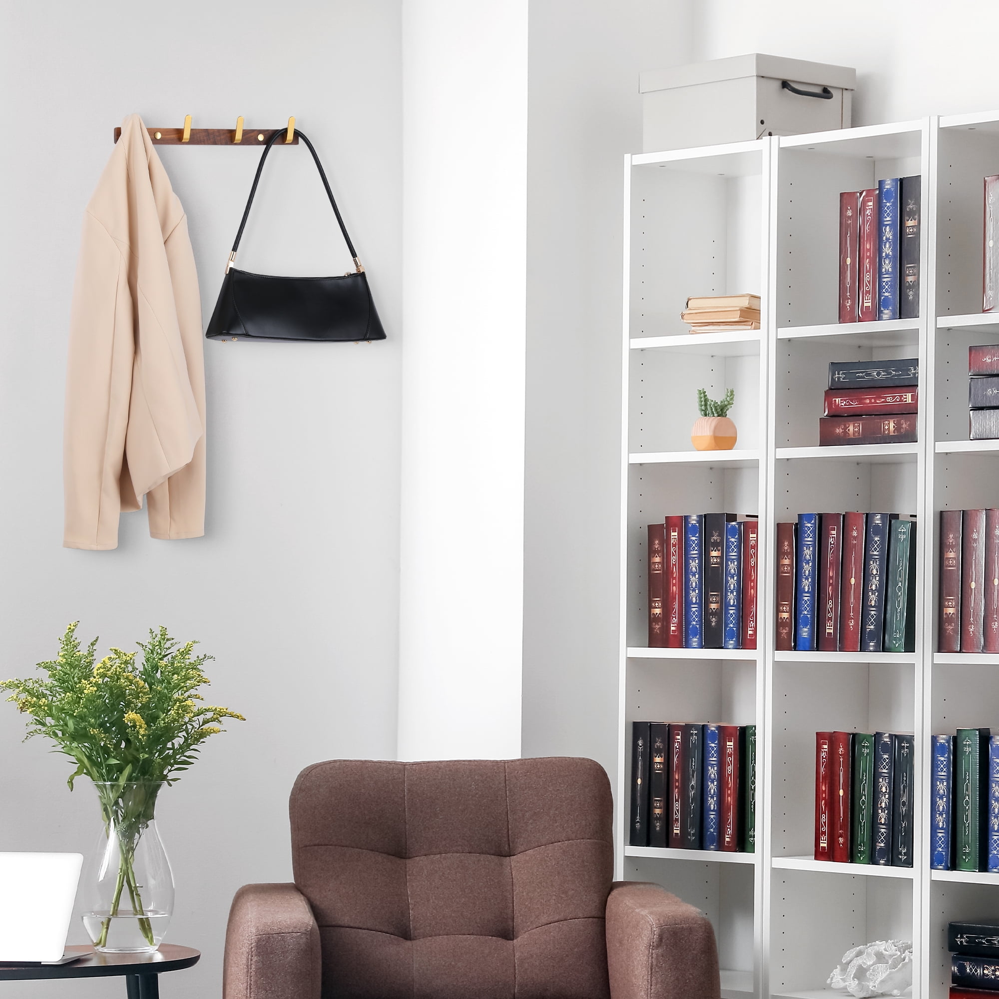 Unique Bargains 1 Pcs Coat Rack Wall Mount Coat Hook for Hanging with 4 Hooks Light Brown