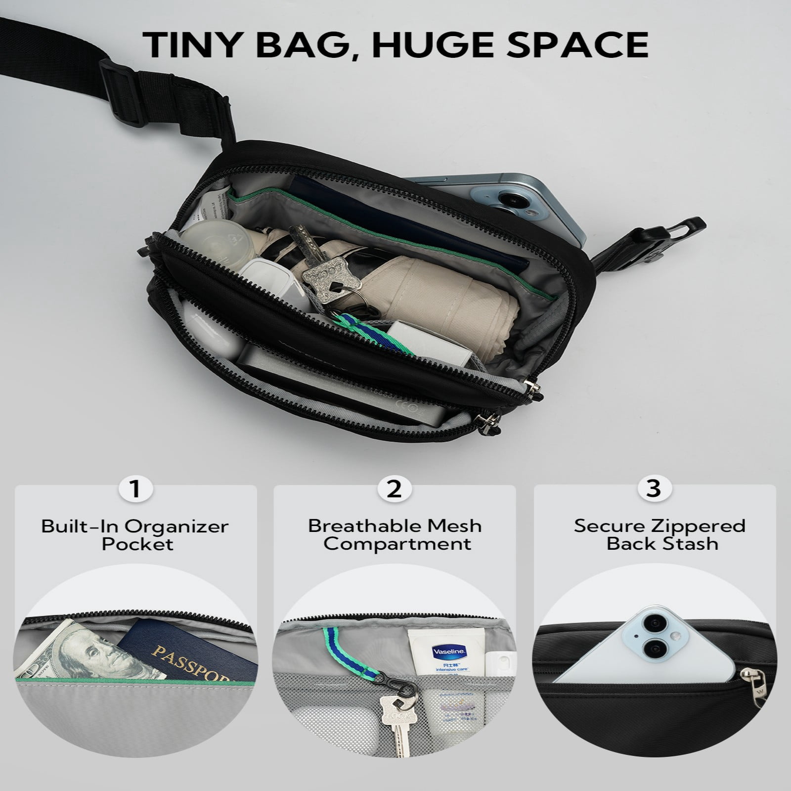 WATERFLY Unisex 2L Walking Hiking Travel Running Nylon Fanny Pack Waist Bag,Black