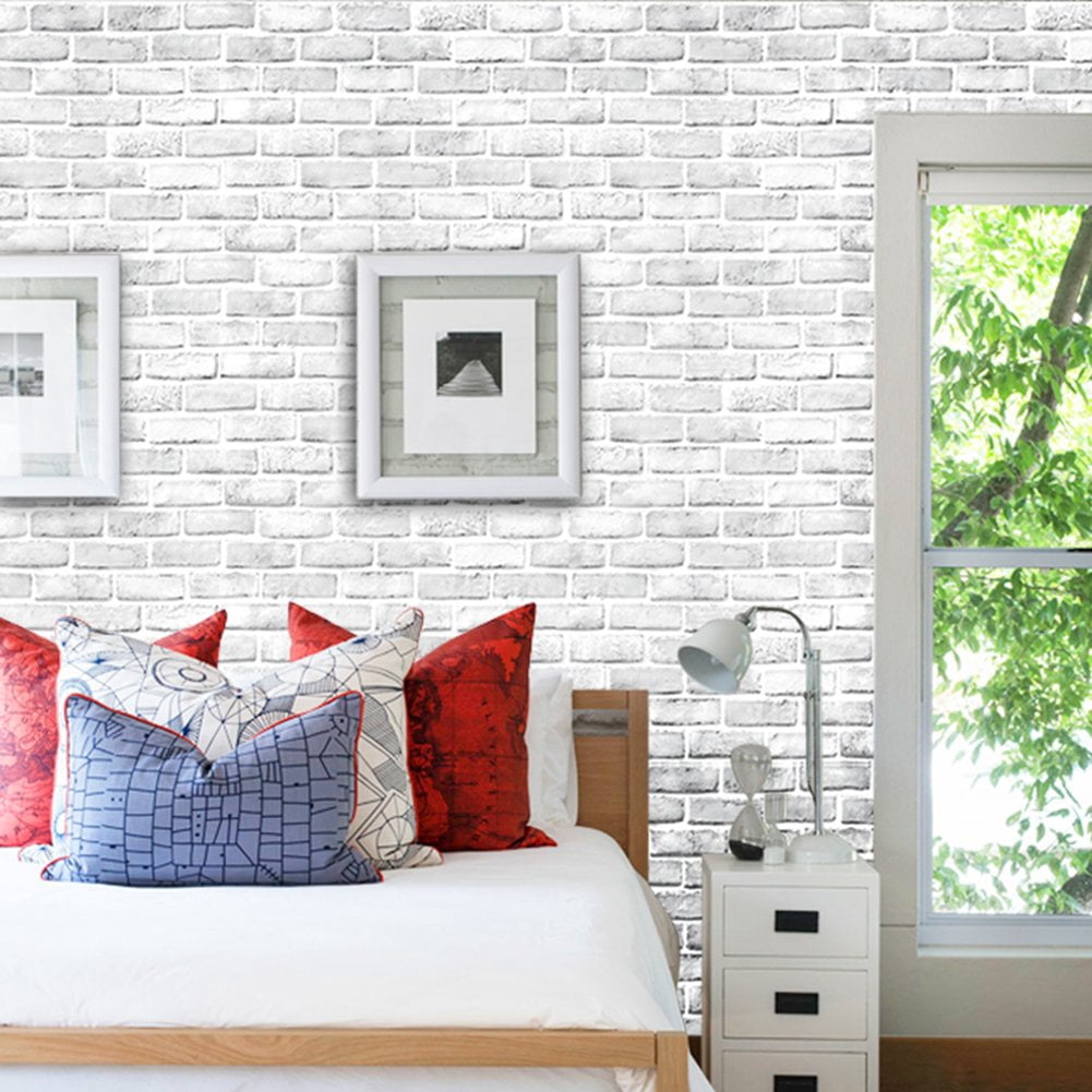 White Gray Brick Wallpaper, 3D Effect Vintage Blocks Peel and Stick Wallpaper, 17.7" x 32.8ft