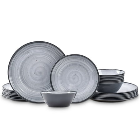 Joviton Home 24PCS Swirl Cool Gray Melamine Dinnerware Sets for 8,Picnic Plates and Salad Bowls Sets