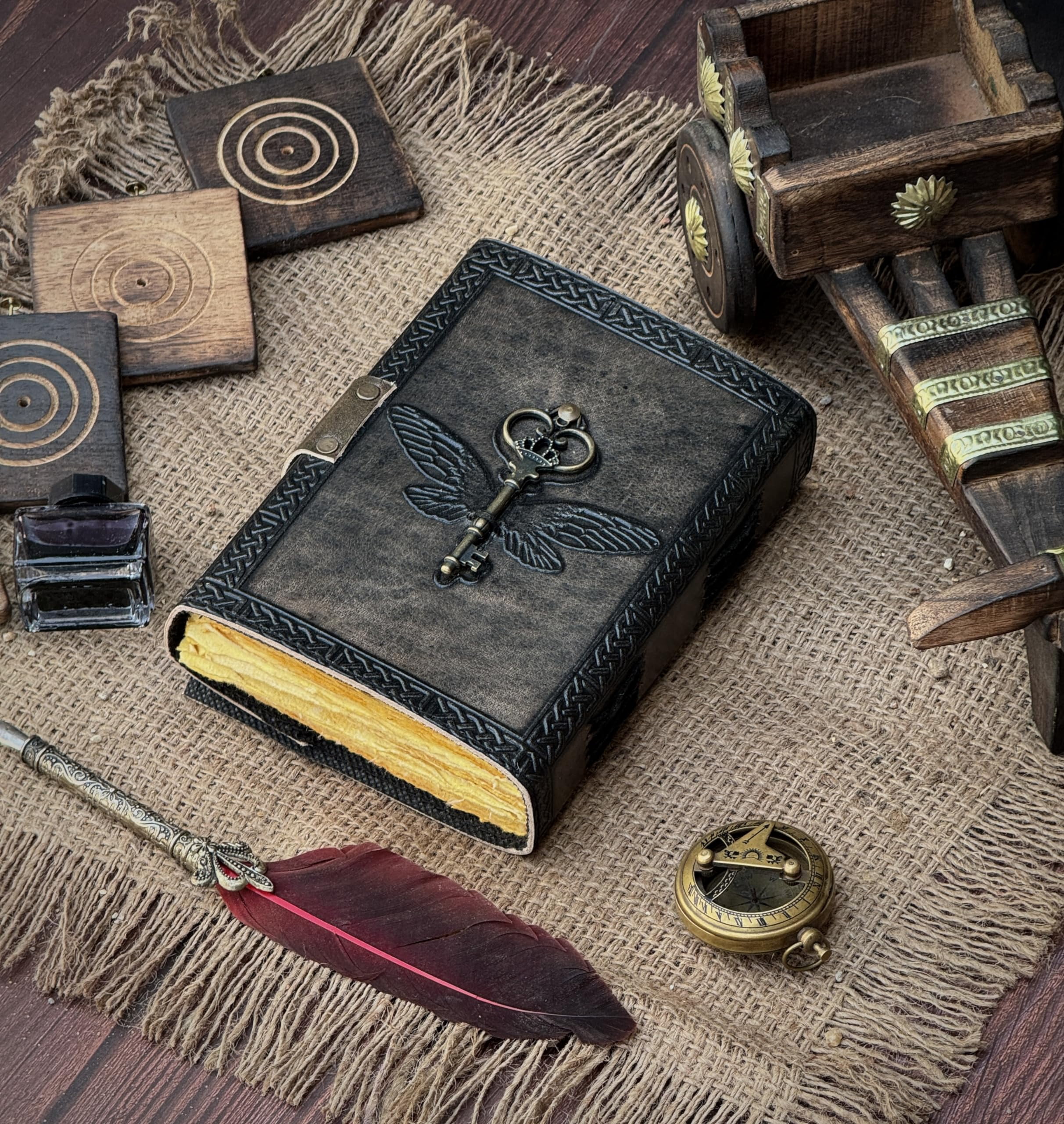Wizards Leather Journal With Yellow Semi-Precious Stone and FlyingKey Embedded Backside - Vintage Leather Journal - Book of Shadows - Blank Spell Book - Grimoire Wiccan Supplies Witchcraft Antique