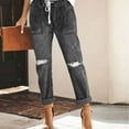 thumbnail image 1 of Pants Clearance Ladies Ripped Pocket Pants Denim Drawstring Elastic Waist Washed Drawstring Casual Trousers Black L, 1 of 6