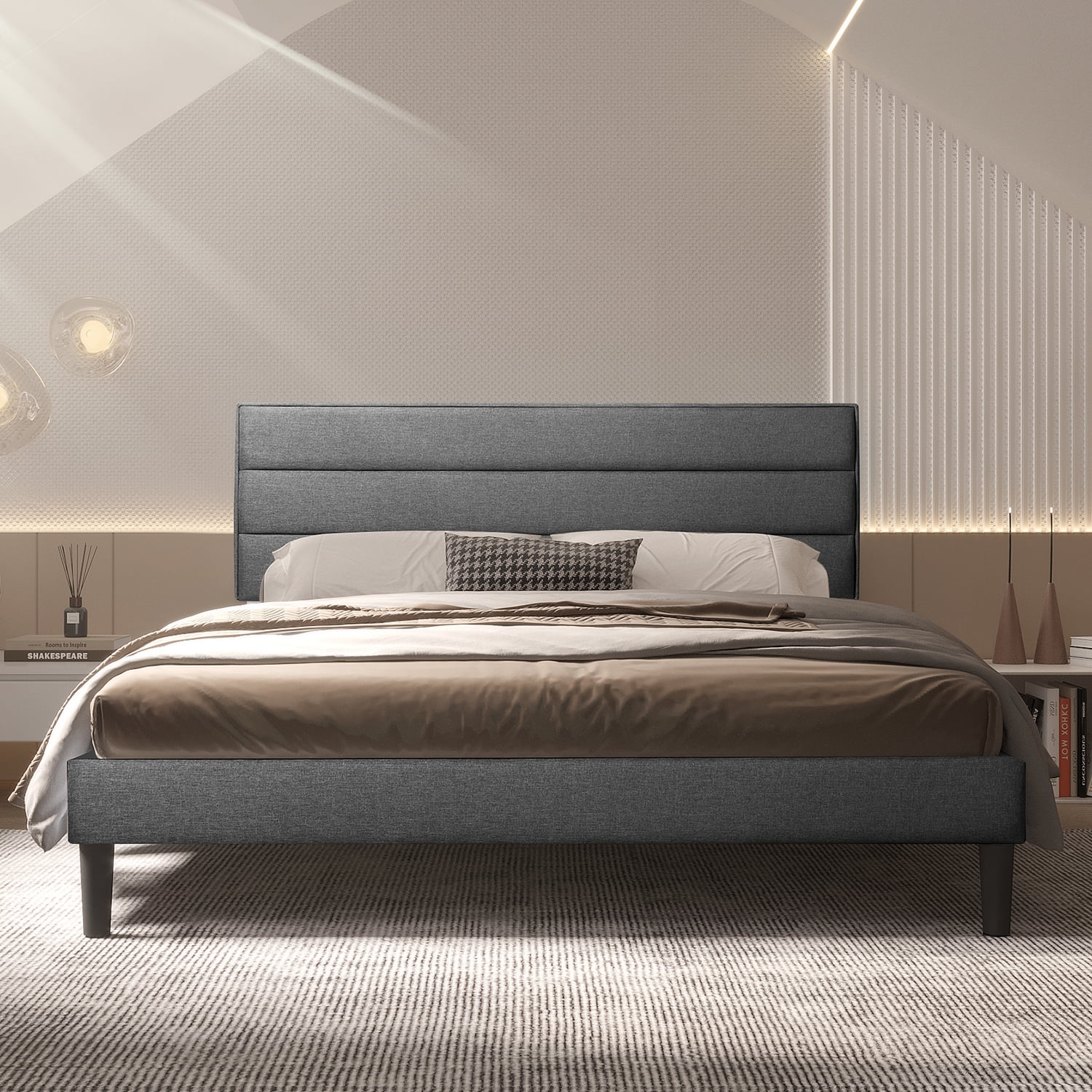 King Size Bed Frame Modern Horizontal Panel Upholstered Low Profile Platform with Tufted Headboard/No Box Spring Needed/No Bed Skirt Needed/Linen Fabric Upholstery, Grey