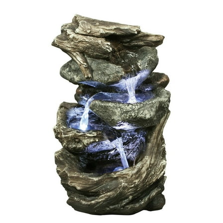 Hi Line Log and Stone Waterfall Fountain with LED Light, Durable Polyresin, Indoor/Outdoor Use