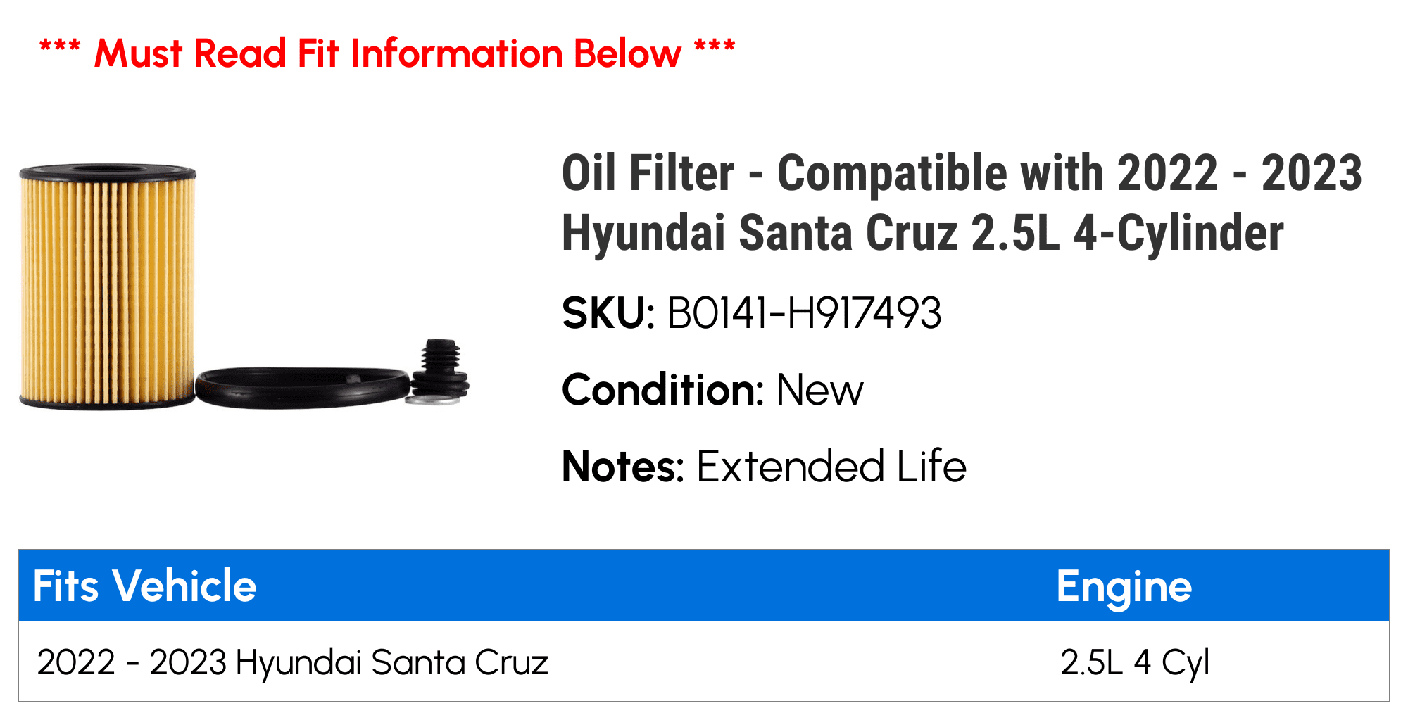 Oil Filter Compatible with 2022 2023 Hyundai Santa Cruz 2.5L 4