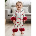 thumbnail image 4 of RUINIXCW Baby Girl Silk Satin Pajamas Romper Infant Baby Girls Spring Fall Clothes Sleepwear Cherry Print Fur Trim Button Down Long Sleeve Jumpsuit, 4 of 10