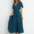 thumbnail image 2 of QLEICOM Women's Summer Wrap V Neck Solid Color Dress Women Short Sleeve Ruffle Beach Loose Dress Plus Size Flowy High Low Maxi Dress Bohemian Beach Dress with Belt Dark Blue XL, 2 of 7