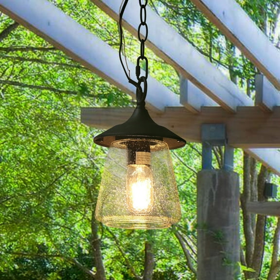 Farmhouse Patio Metal Pendant Light, Outdoor Lantern with Clear Bubble Glass Shadow Adjustable Height Chain