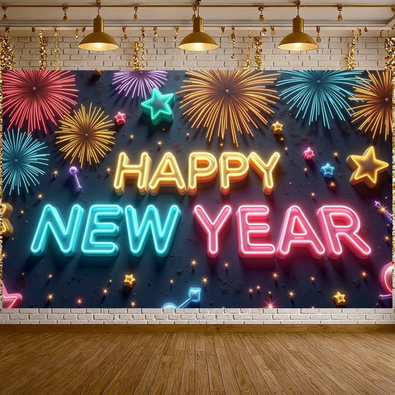 Neon Light Happy New Year Banner Colorful New Year Display Fireworks Pattern Starry Design Festive Backdrop for New Year Party Holiday Celebration Indoor Decoration