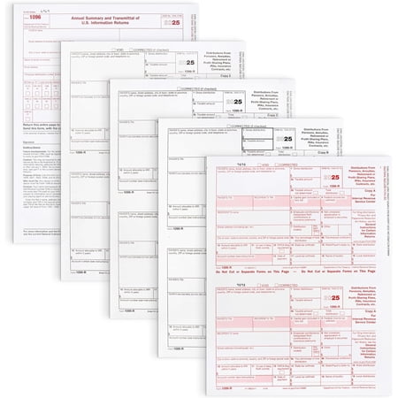 1099-R Tax Forms 2025 (distributions) 25 Sets of 4-Part, Laser Forms, Federal and State Copies (2 Forms on a Sheet) with 3 1096 Transmittals, 2025$$Office