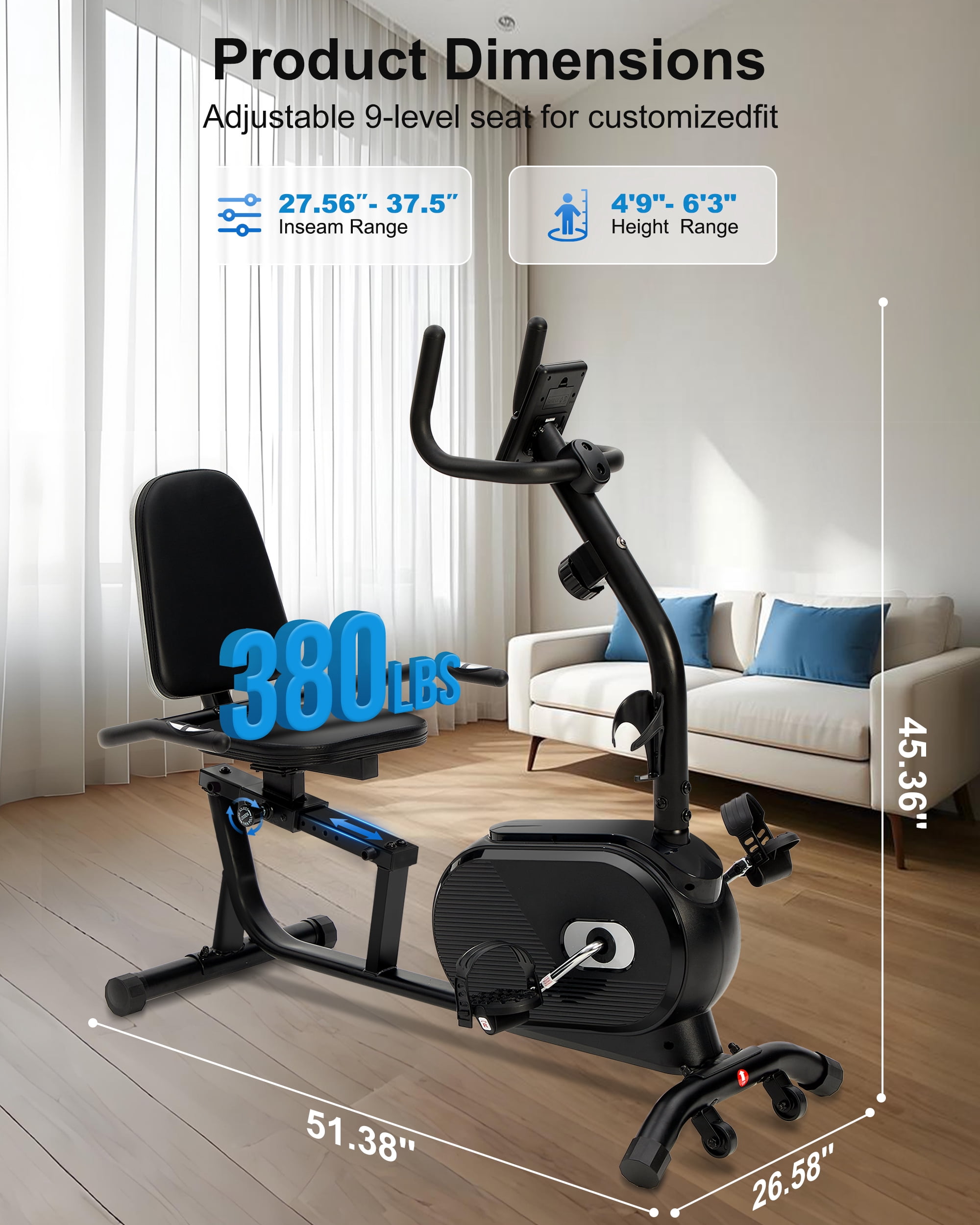 ECHANFIT Recumbent Exercise Bike for Home with Smart Workout App, 380 lb Capacity, 16-Level Resistance