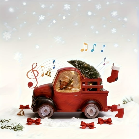 9.4''Lighted Vintage Red Truck Decor, Musical Christmas Snow Globe With Swirling Glitter, Santa Claus In Truck Car Model, Illuminated Christmas Decorations Indoor For Home