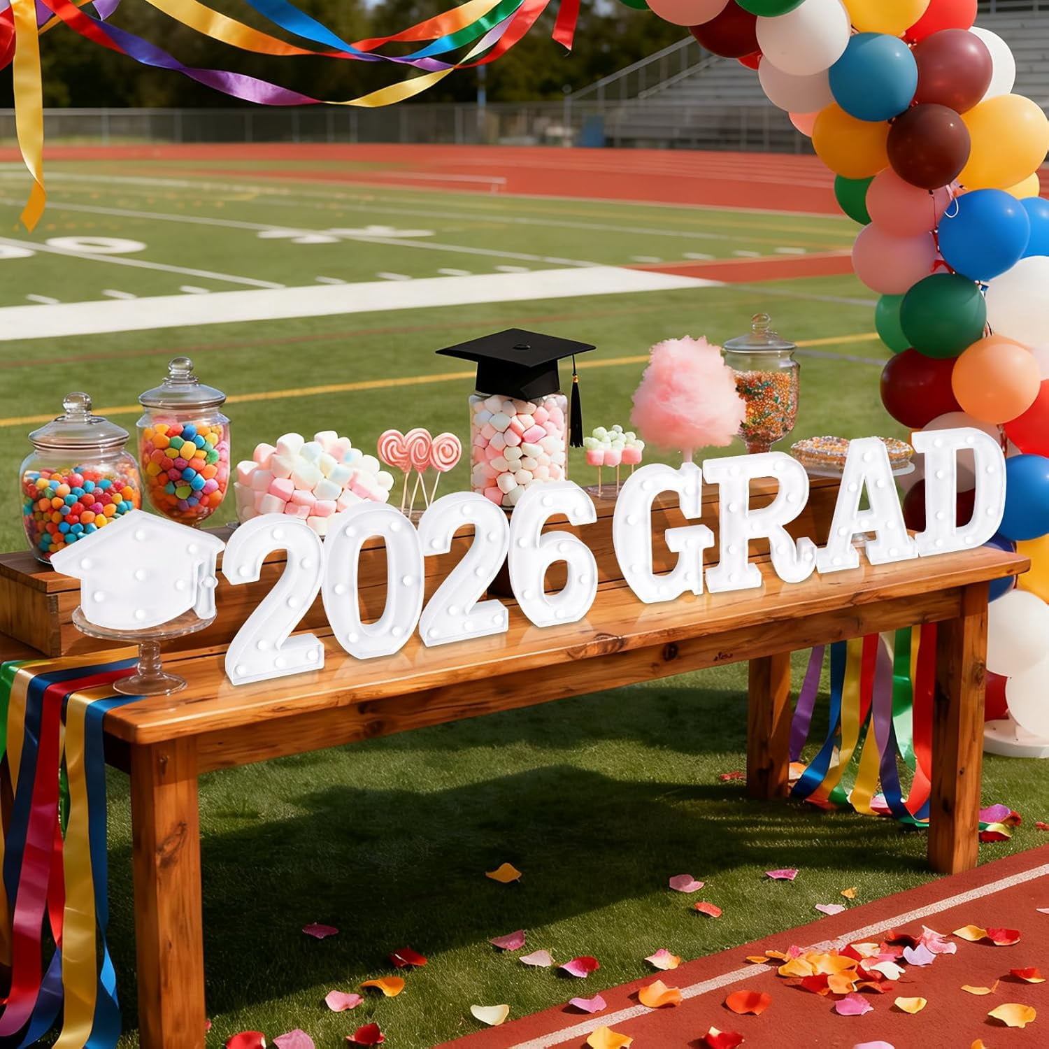 GRAD 2026 LED Light Up Letters Sign with Graduation Cap, Graduation Decorations for Class of 2026 Party, Table or Wall Decor for Kindergarten Preschool High School College