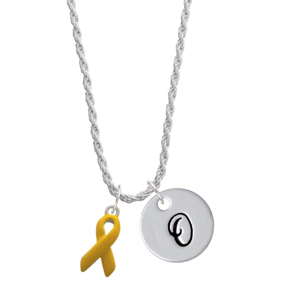 Delight Jewelry Silvertone Yellow Ribbon Silvertone Script Initial Disc - O - Charm Necklace, 20"+3"