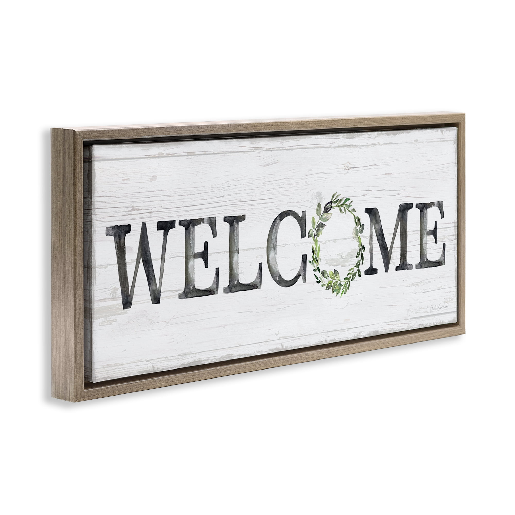 Stupell Industries Welcome with Floral Wreath Text & Numbers Painting Brown Floater Framed Canvas Art Print Wall Art, 25 x 11