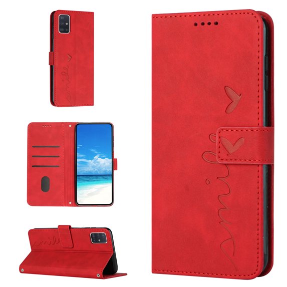 For Samsung A51 Case 5G, Allytech Wallet Case Magnetic Folio Embossed Full Protection PU Leather Kickstand Credit Card Holder Slots Wrist Strap Flip Cover for Samsung Galaxy A51 5G, Red