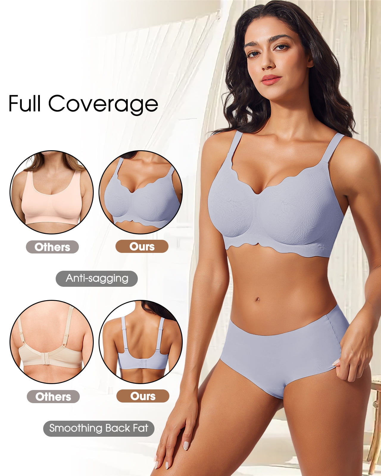 USEASY Seamless Bras for Women No Underwire Wireless Full Coverage Push Up Bralette Comfort Scalloped T-Shirt Bra