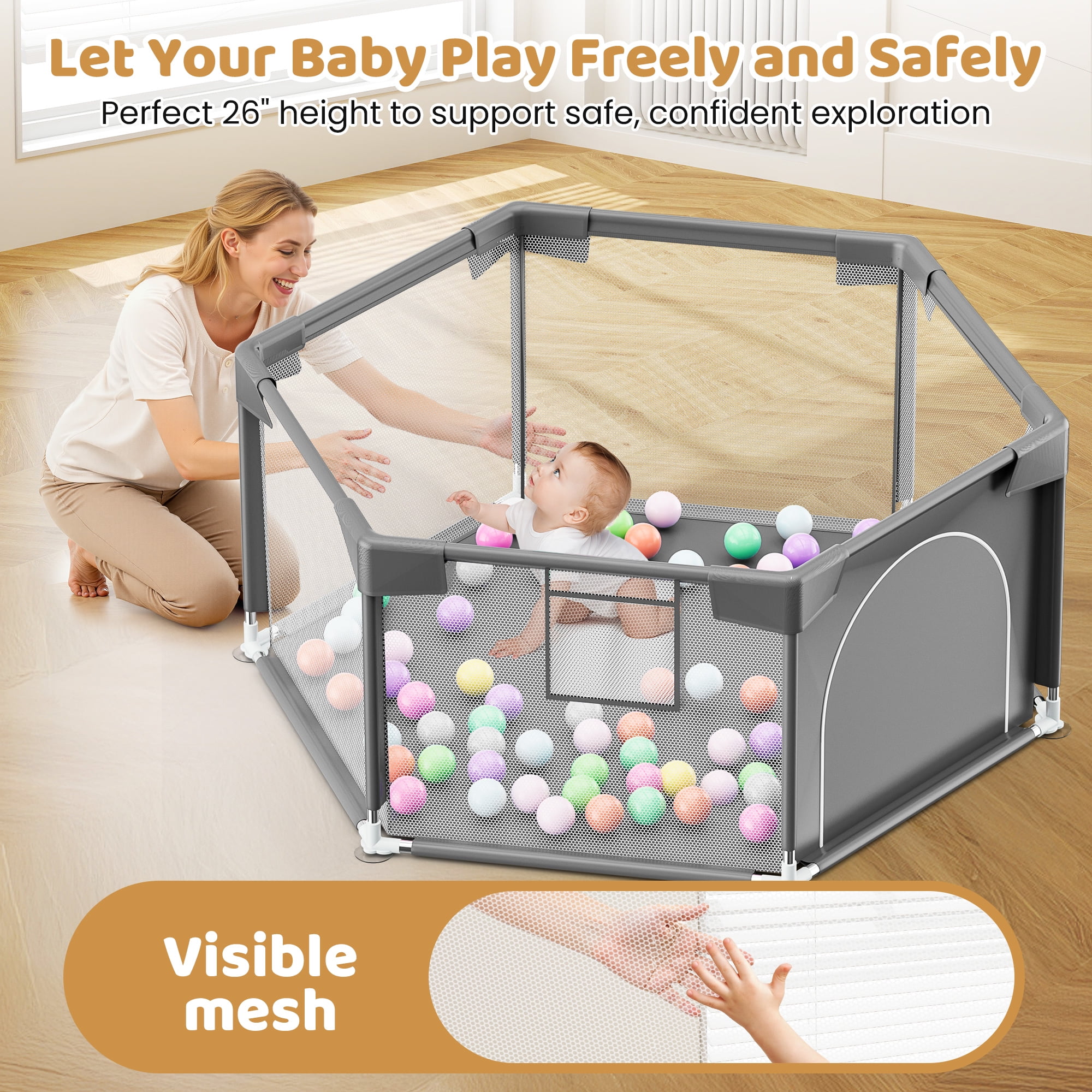 babyeap 50 Inch Baby Playpen,Fence Baby Play Yard for Indoors Outdoors,Hexagonal Toddler Playpen,Dark Gray
